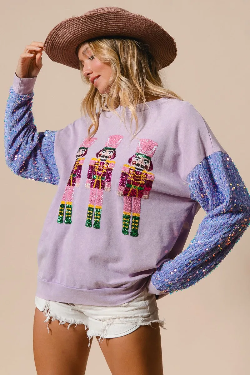 BiBi Sequin Nutcracker Top with Velvet Sequin Sleeves in Periwinkle