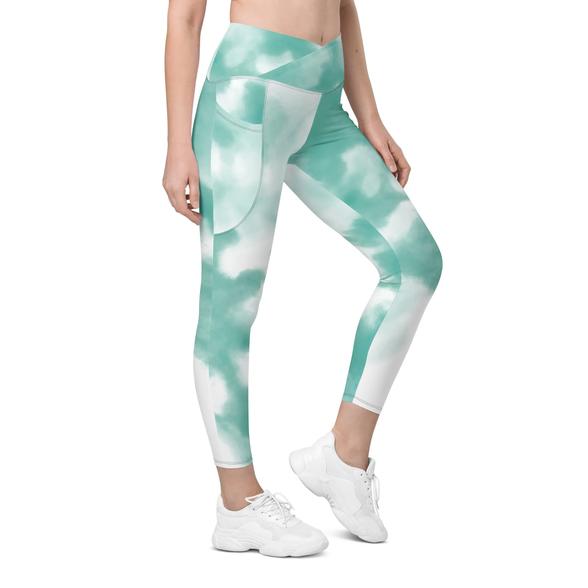 Blue Tie Dye Women's Tights, Best Tie Dye Print Women's Crossover Leggings With Pockets For Ladies - Made in USA/EU/MX
