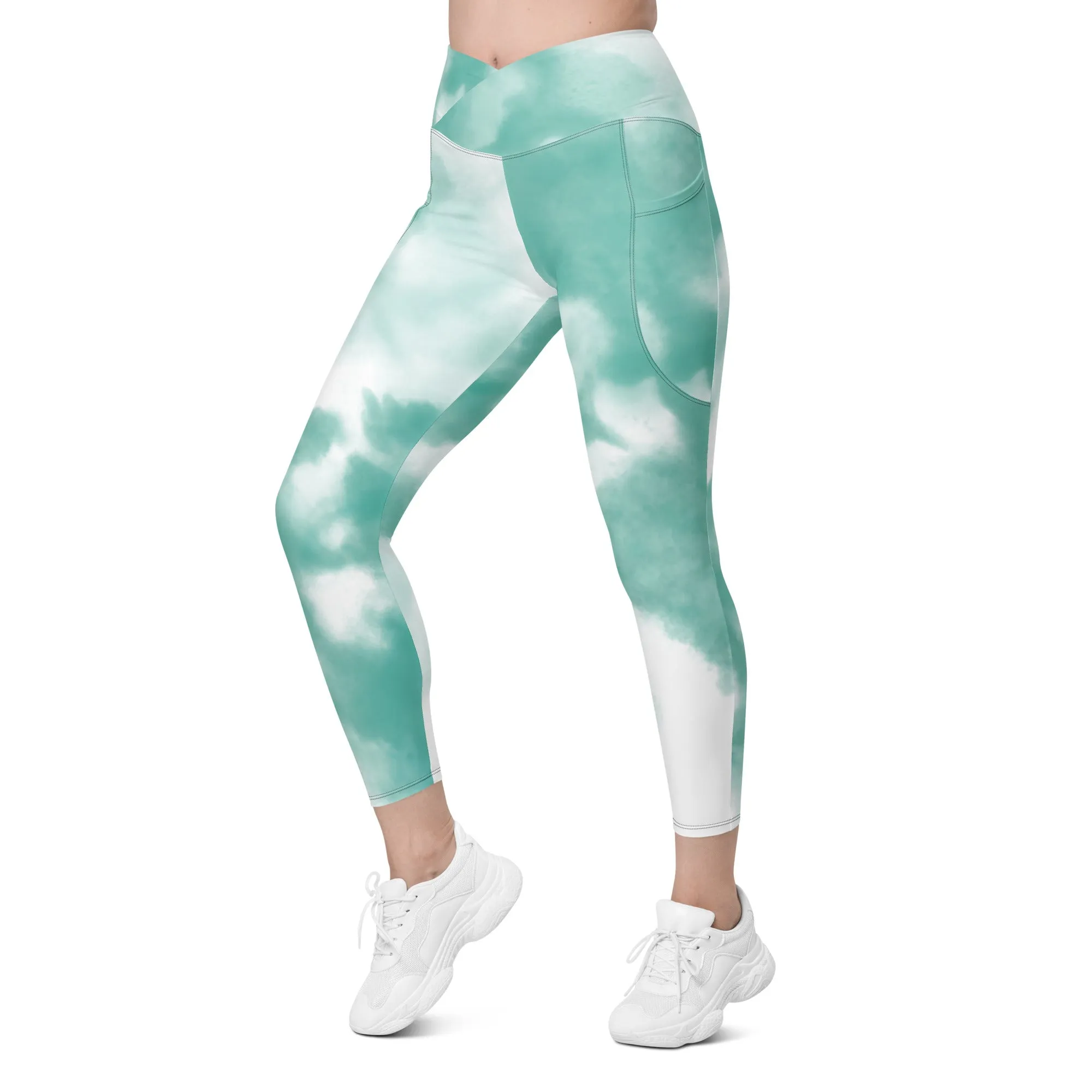 Blue Tie Dye Women's Tights, Best Tie Dye Print Women's Crossover Leggings With Pockets For Ladies - Made in USA/EU/MX