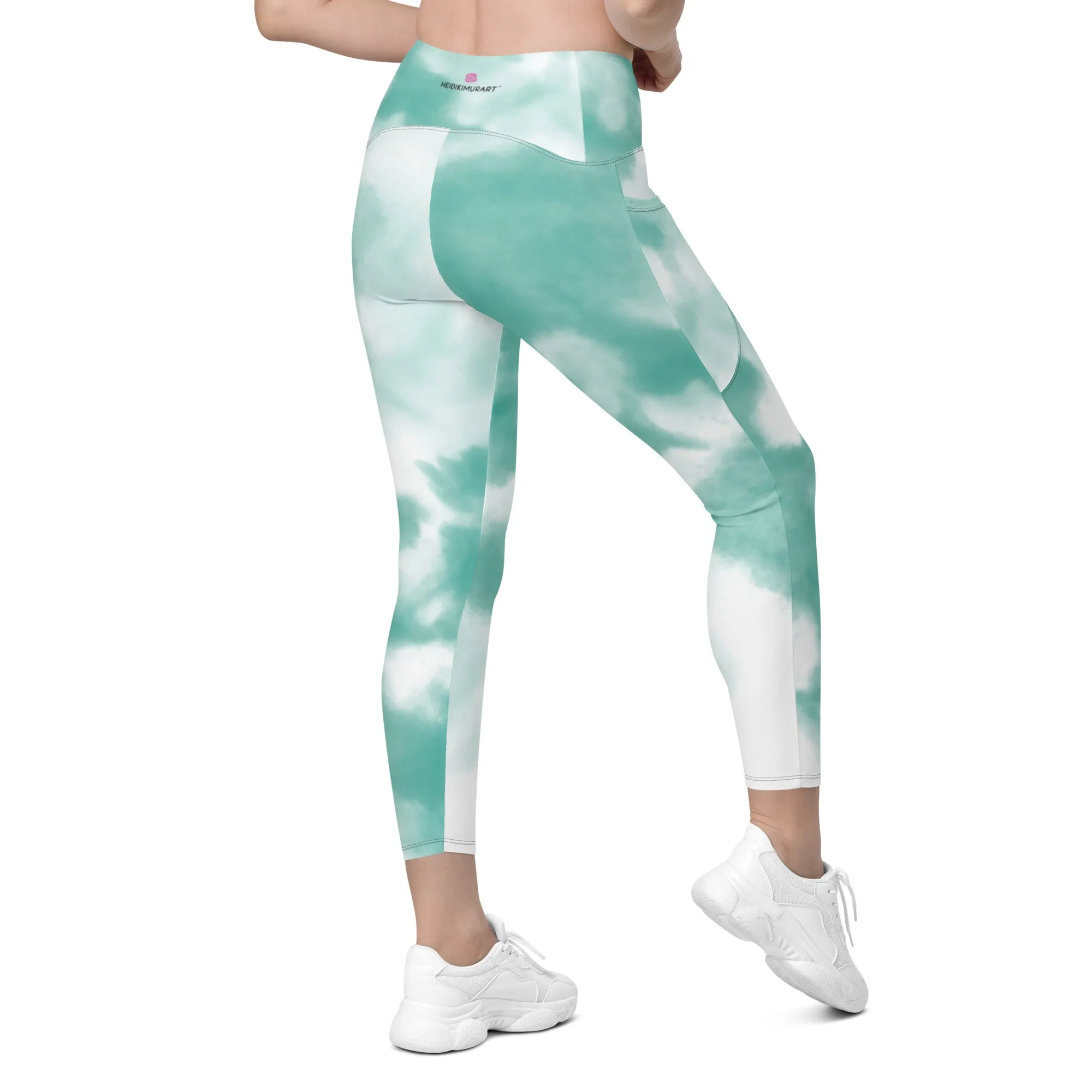 Blue Tie Dye Women's Tights, Best Tie Dye Print Women's Crossover Leggings With Pockets For Ladies - Made in USA/EU/MX