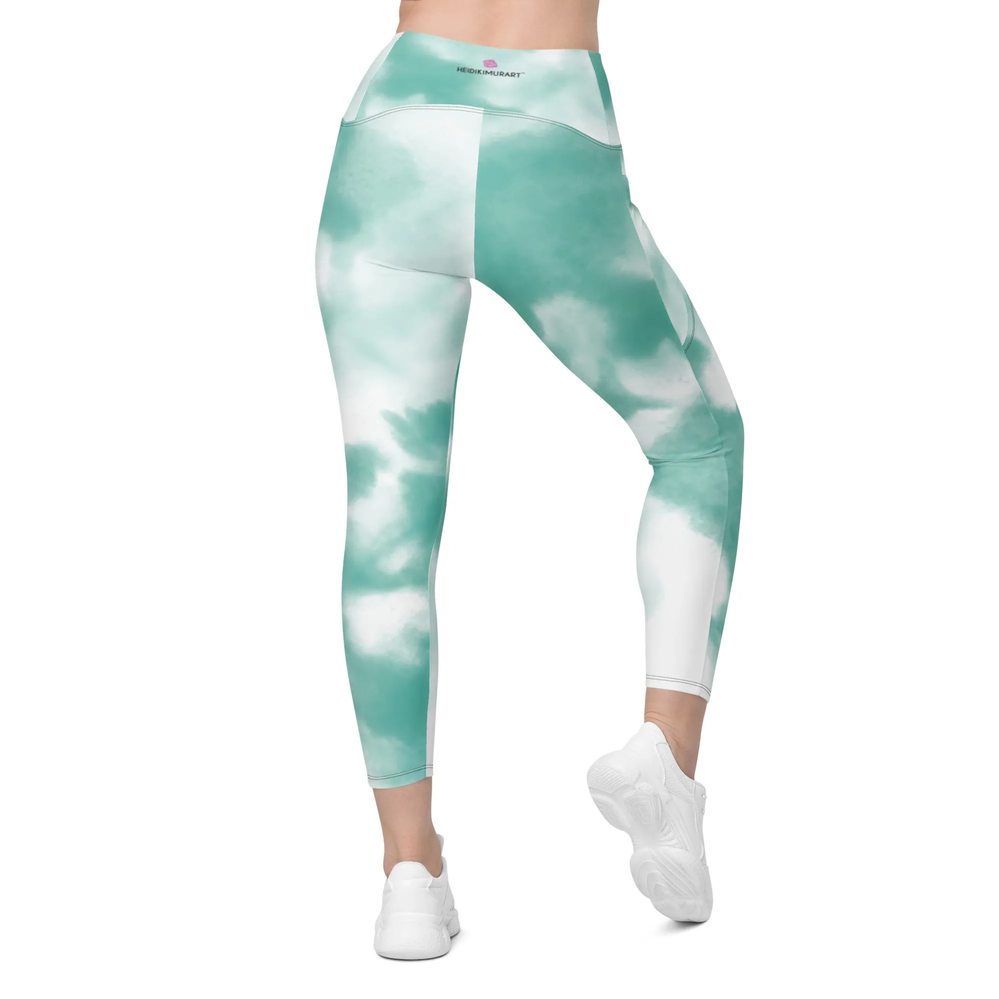 Blue Tie Dye Women's Tights, Best Tie Dye Print Women's Crossover Leggings With Pockets For Ladies - Made in USA/EU/MX