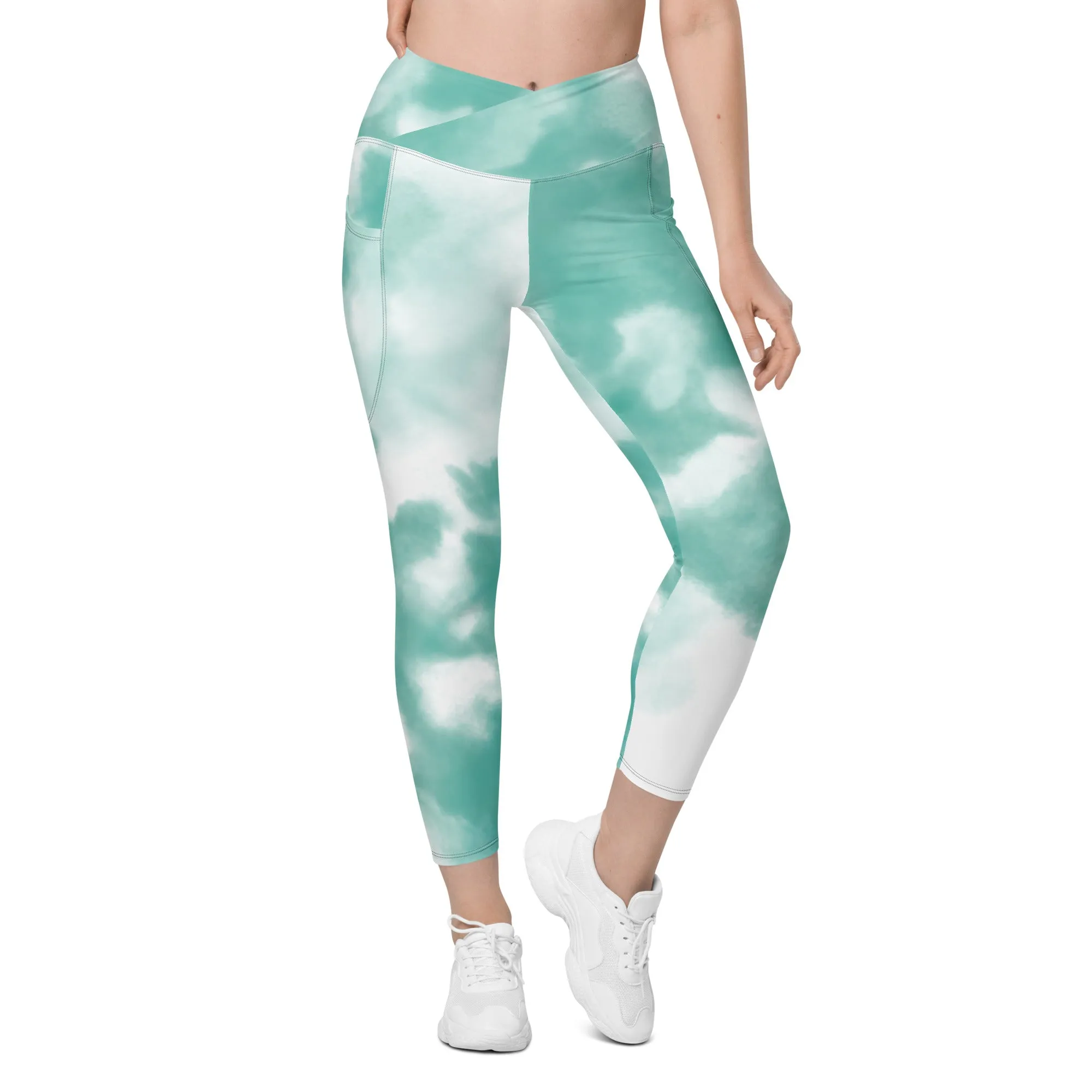 Blue Tie Dye Women's Tights, Best Tie Dye Print Women's Crossover Leggings With Pockets For Ladies - Made in USA/EU/MX