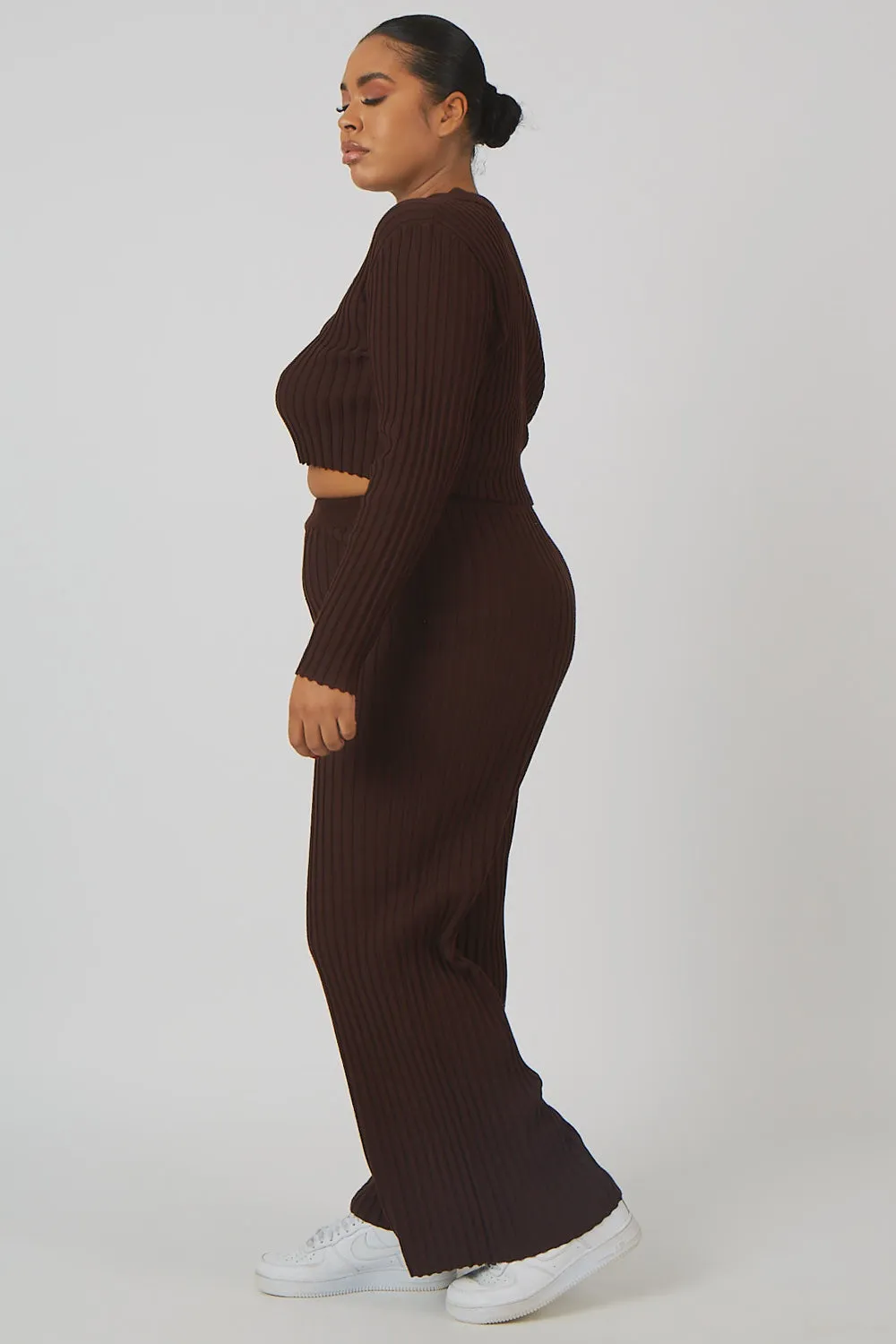 Curve Ribbed Knitted Wide Leg Trousers Chocolate