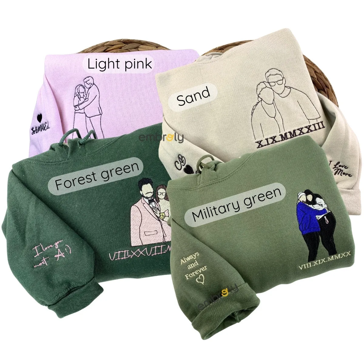 Custom Embroidered Photo Portrait Couple Hoodie or Sweatshirt, Personalized Gift for Him Her