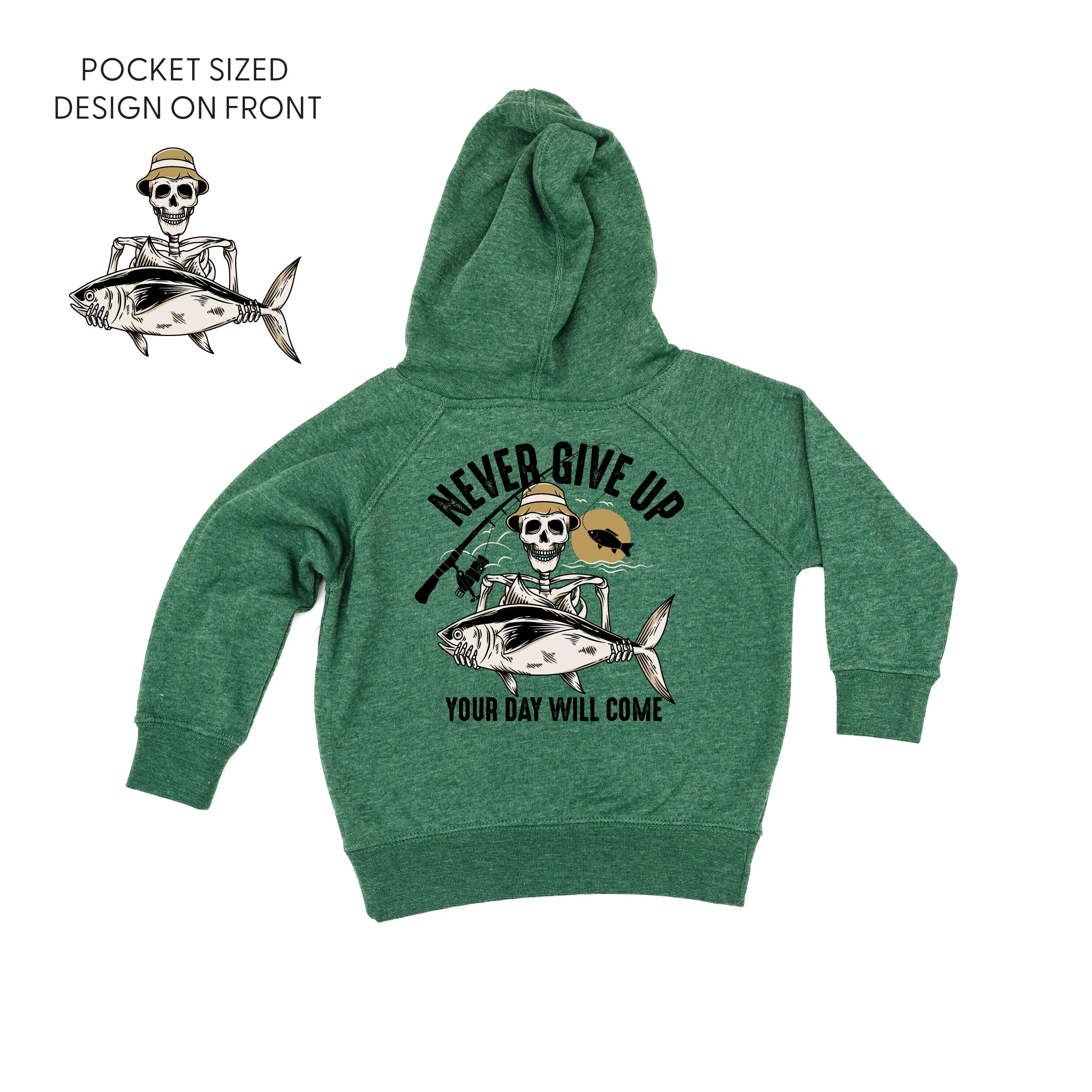 Fishing Skelly Pocket Design on Front w/ Never Give Up on Back - Child Hoodie