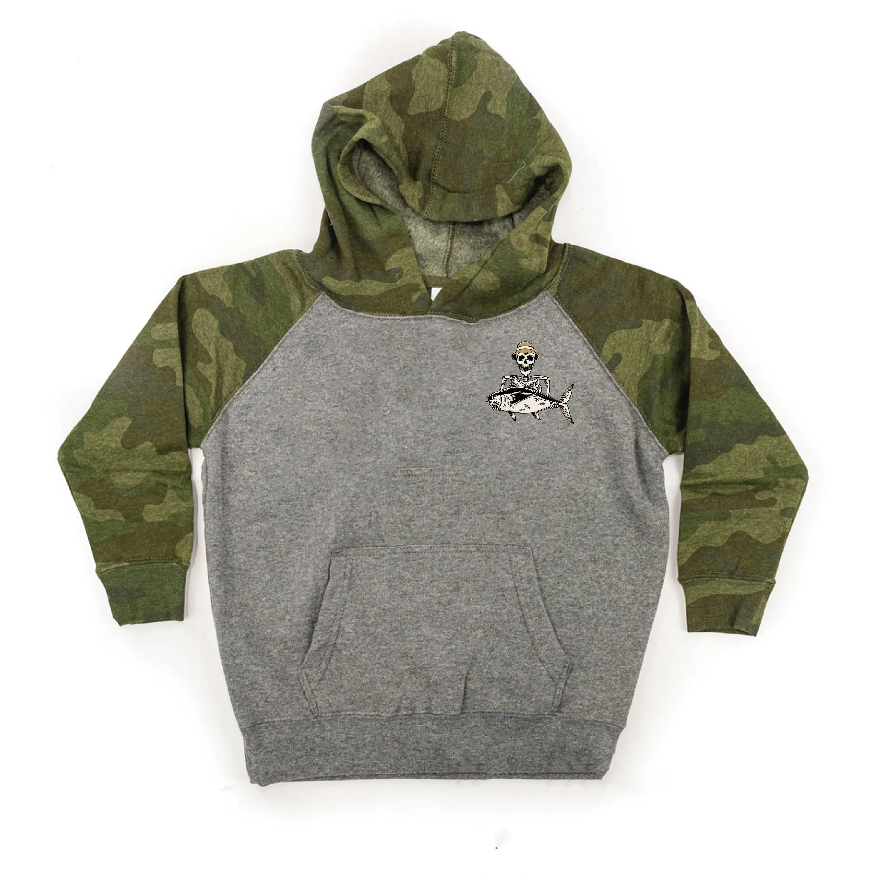 Fishing Skelly Pocket Design on Front w/ Never Give Up on Back - Child Hoodie