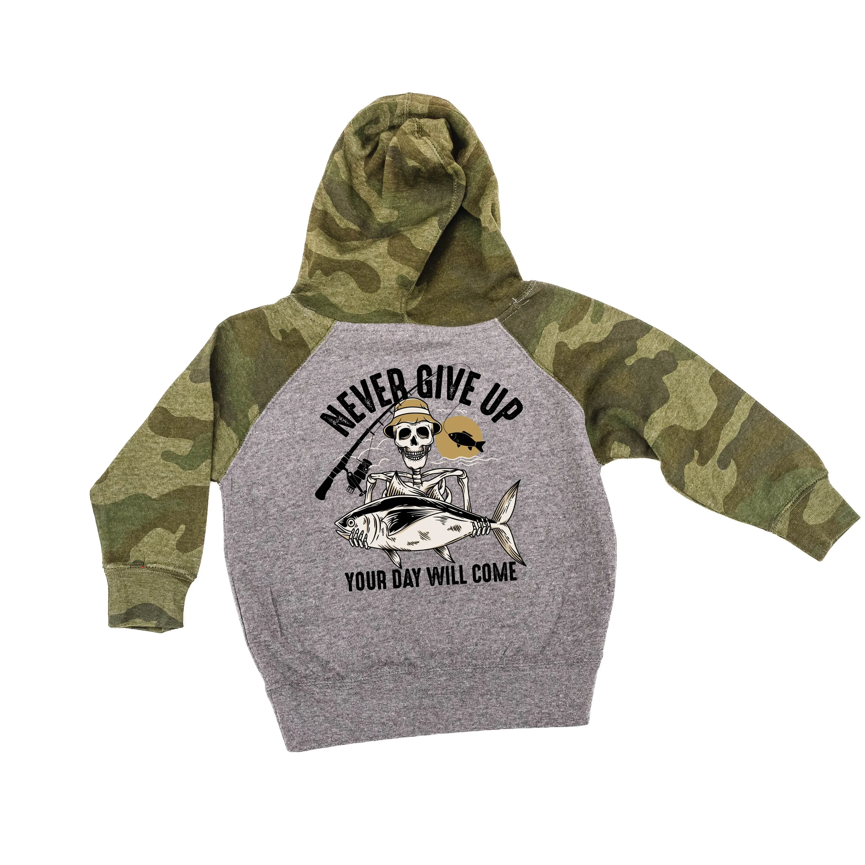 Fishing Skelly Pocket Design on Front w/ Never Give Up on Back - Child Hoodie