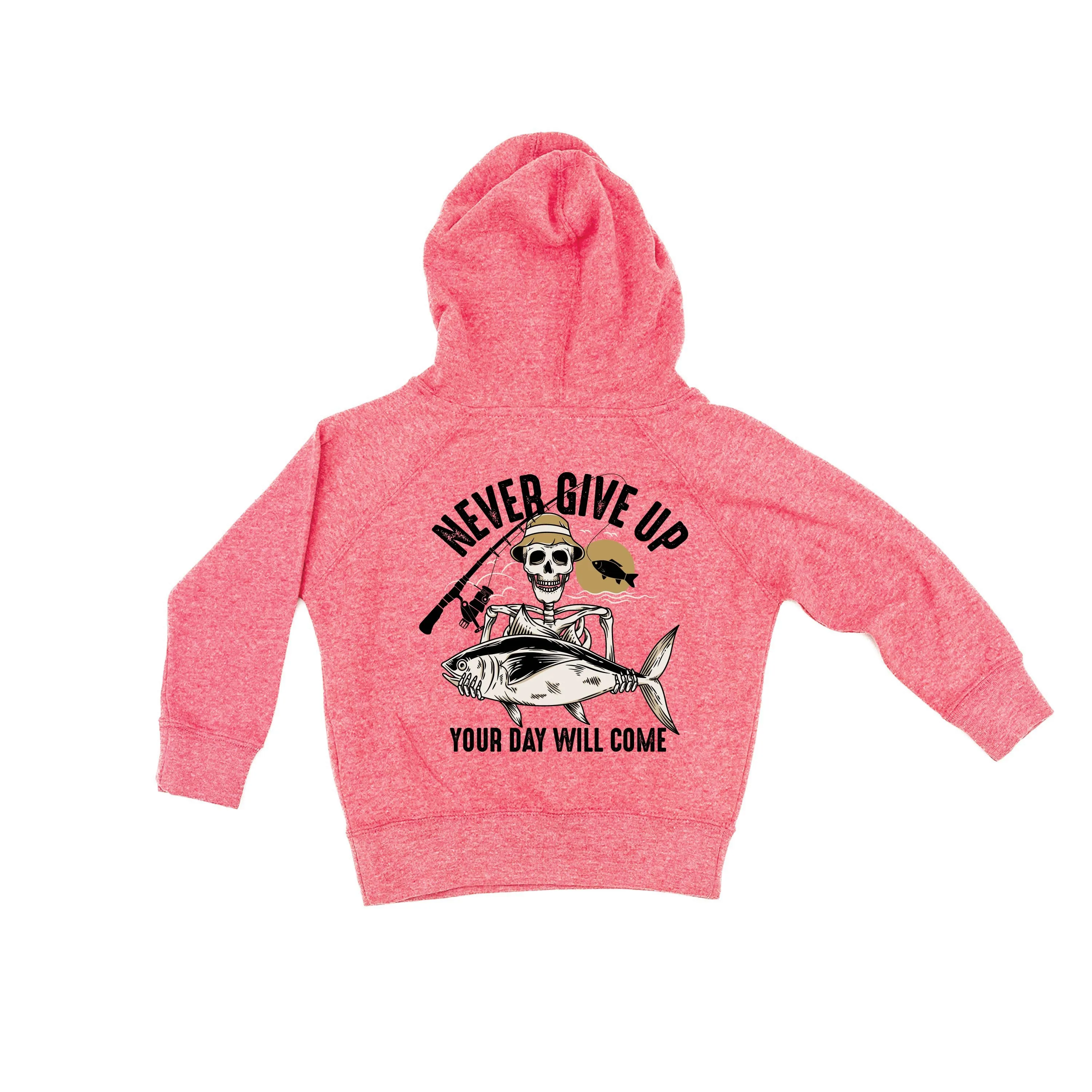 Fishing Skelly Pocket Design on Front w/ Never Give Up on Back - Child Hoodie