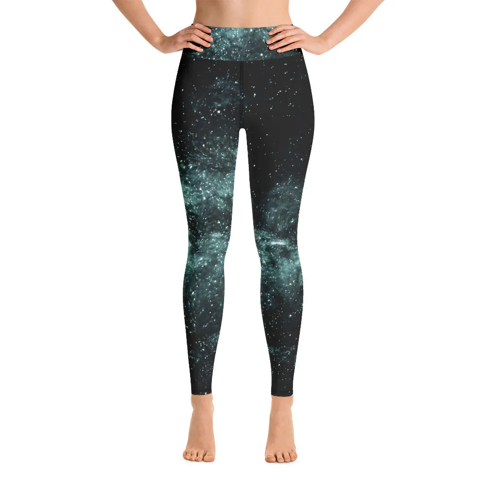 Galaxy Women's Yoga Leggings, Space Cosmos Blue Designer Long Tights For Women-Made in USA/EU