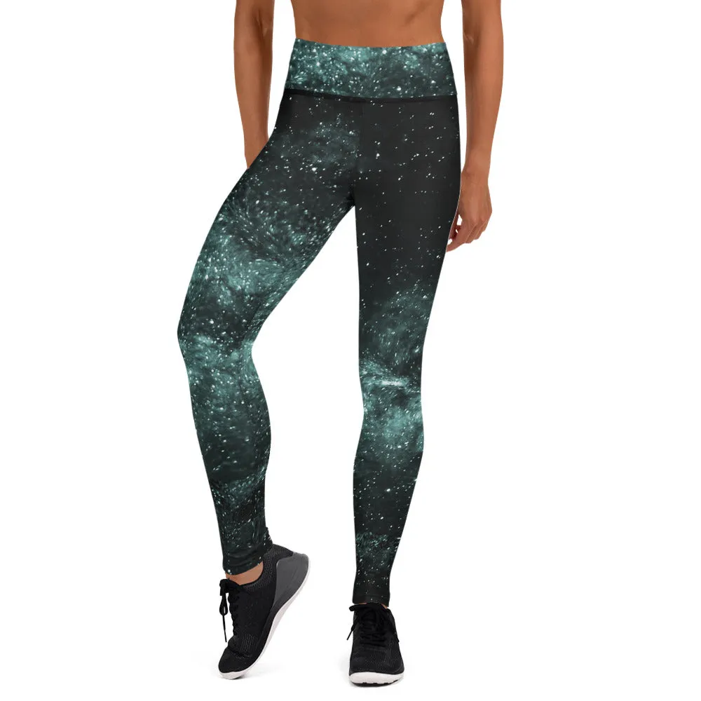 Galaxy Women's Yoga Leggings, Space Cosmos Blue Designer Long Tights For Women-Made in USA/EU