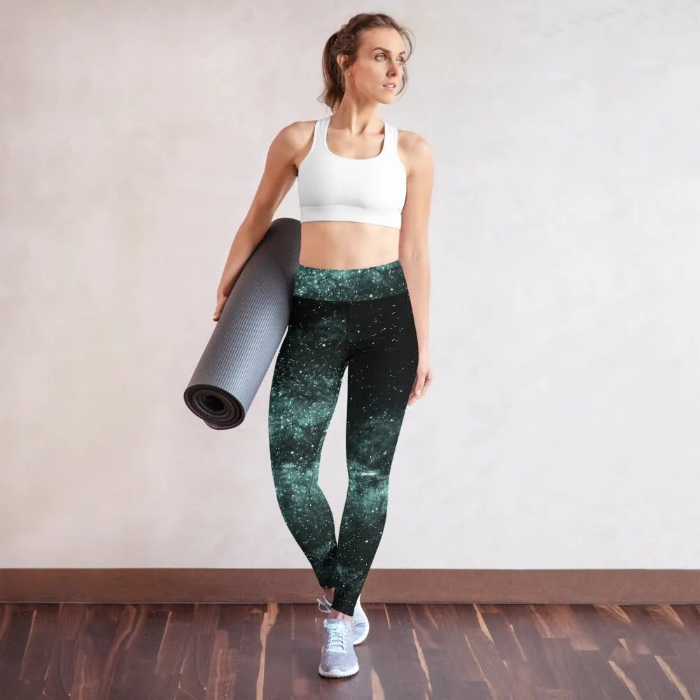 Galaxy Women's Yoga Leggings, Space Cosmos Blue Designer Long Tights For Women-Made in USA/EU
