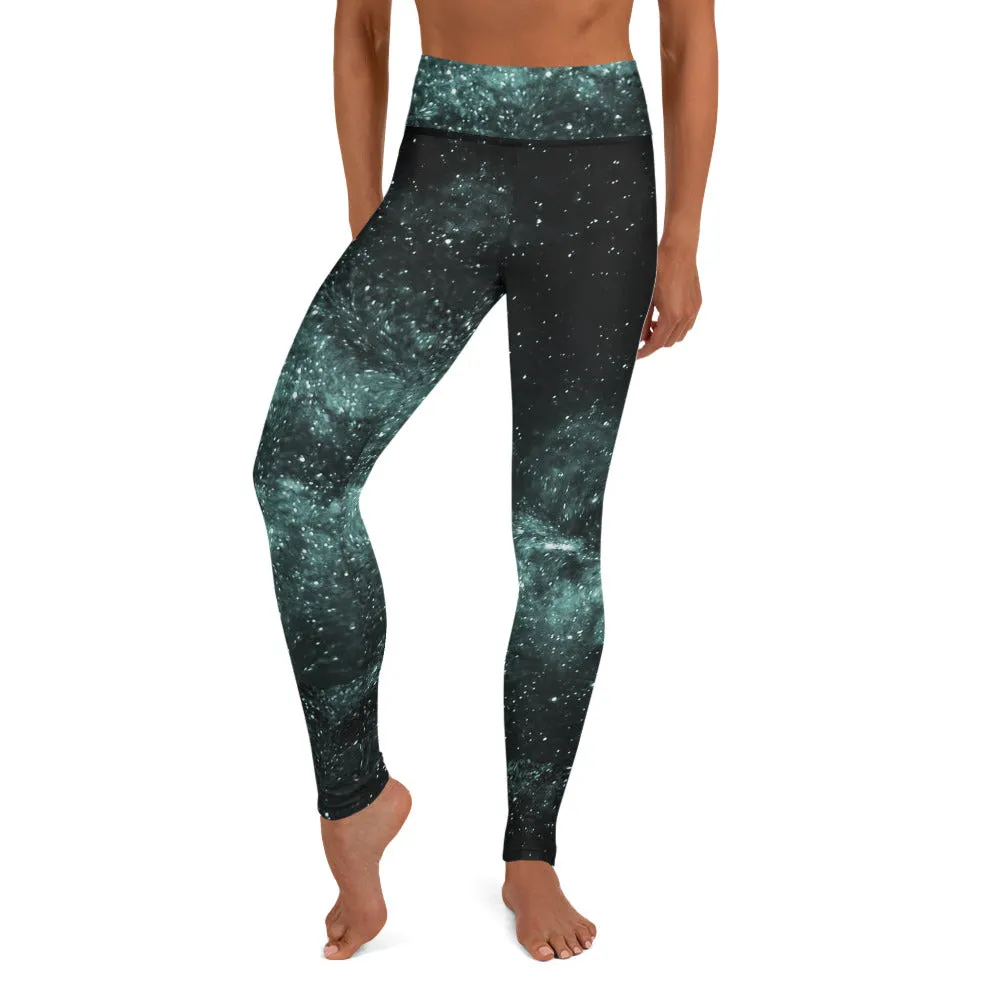 Galaxy Women's Yoga Leggings, Space Cosmos Blue Designer Long Tights For Women-Made in USA/EU