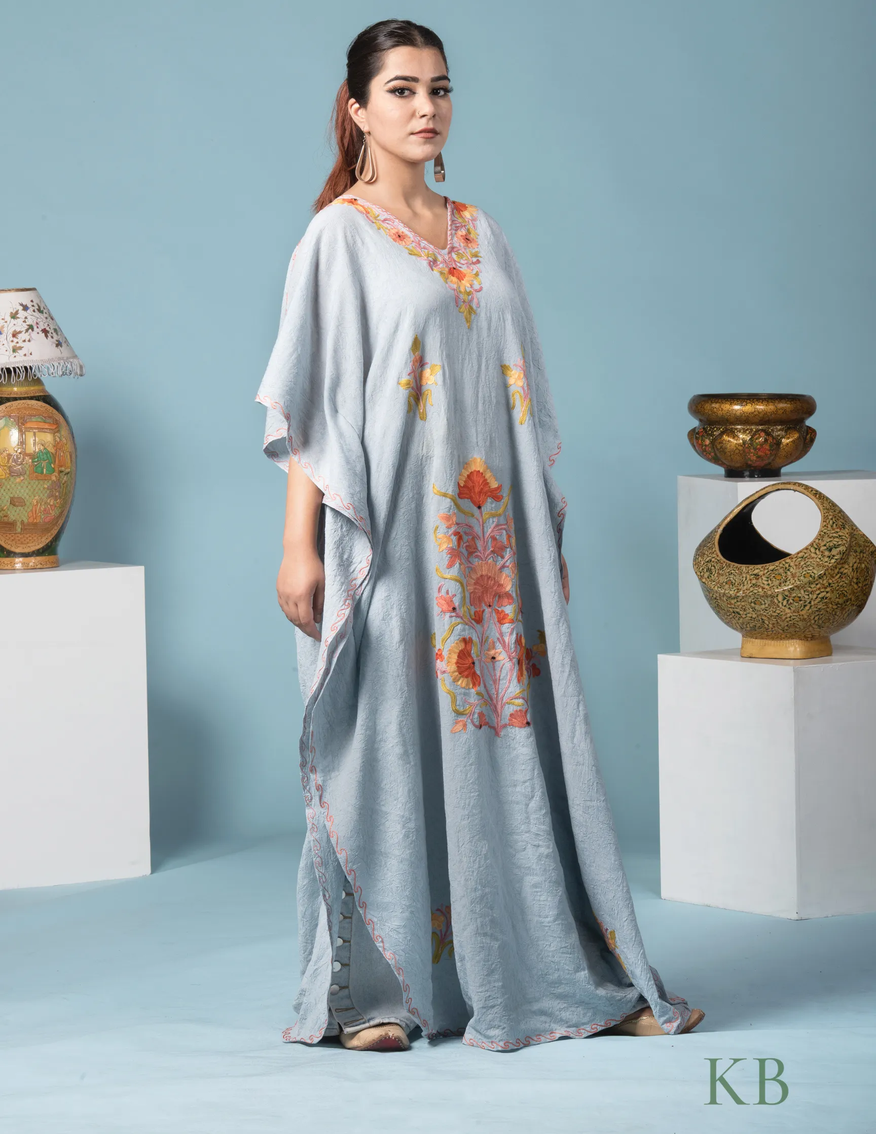 Grey Sunflower Aari Embroidered Summer Cotton Kaftan