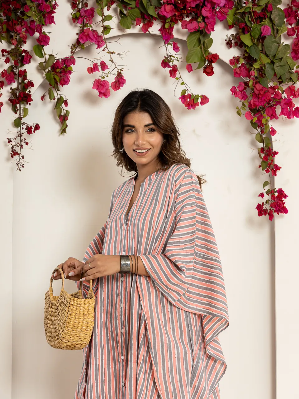 Multi grey smoke strap Pure Cotton kaftan shirt dress
