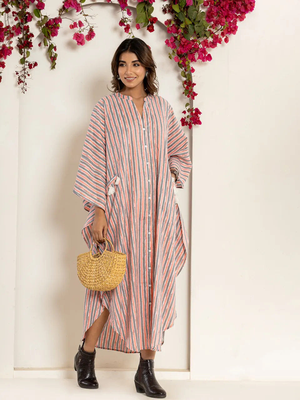 Multi grey smoke strap Pure Cotton kaftan shirt dress