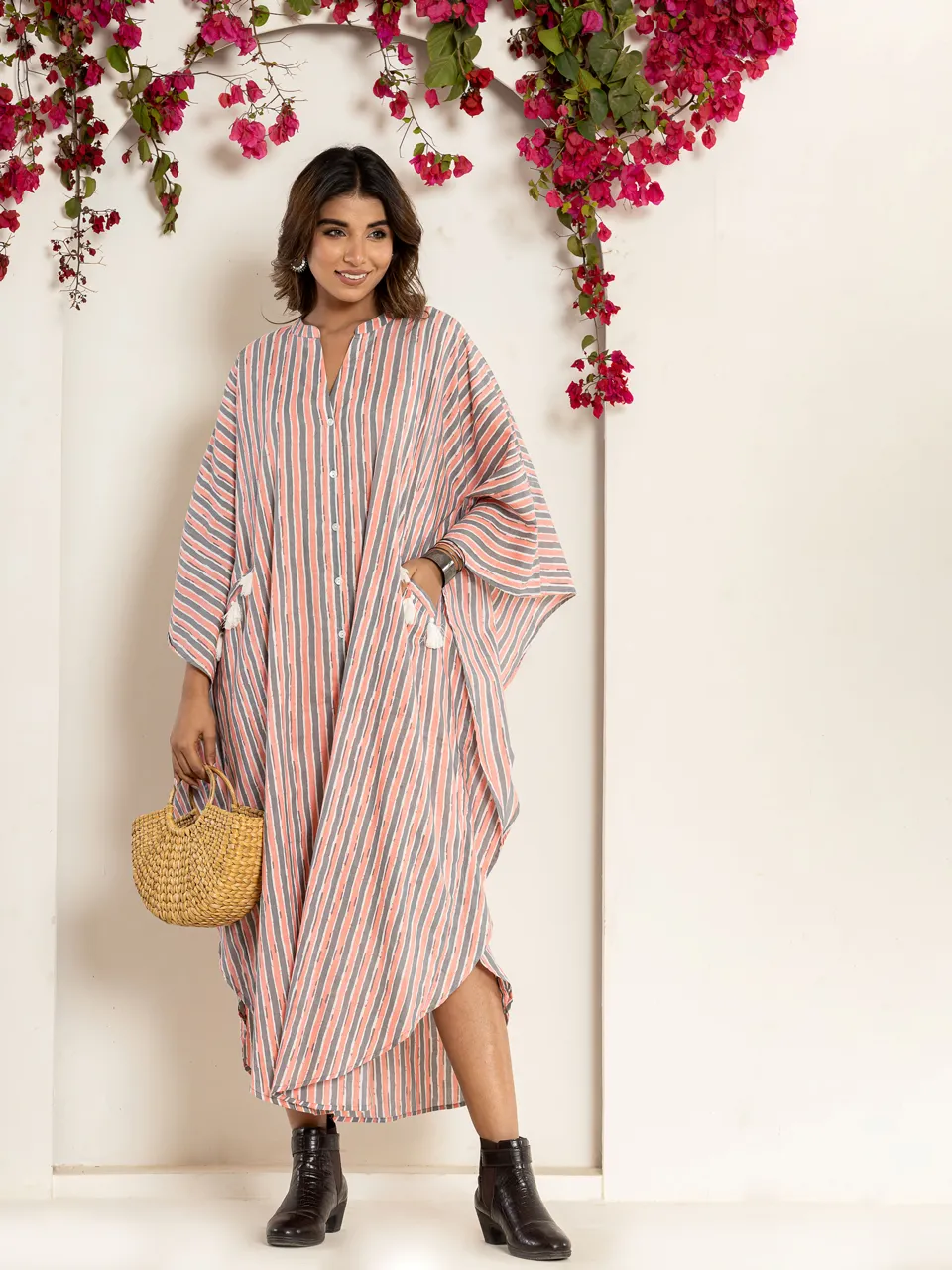 Multi grey smoke strap Pure Cotton kaftan shirt dress