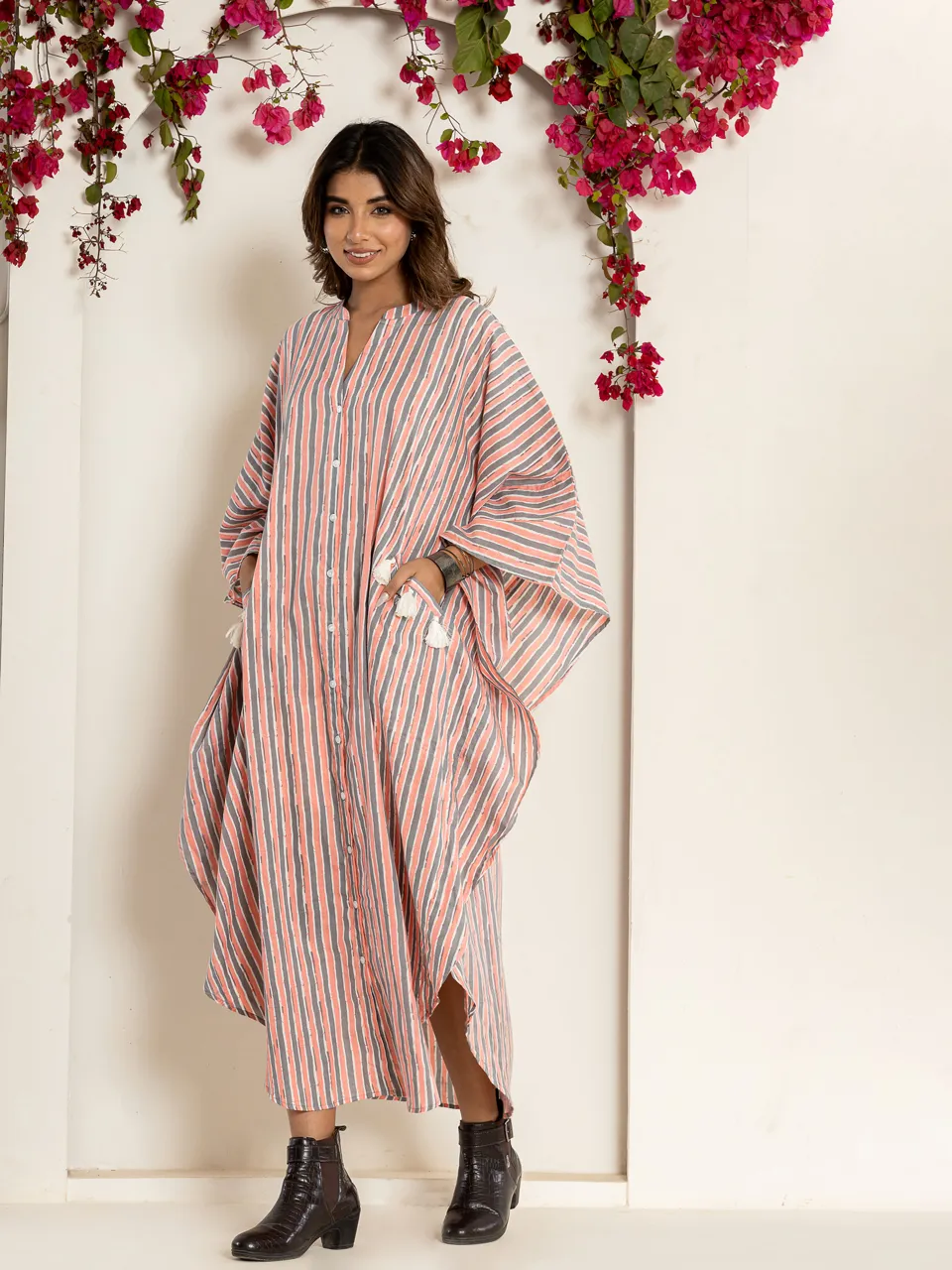 Multi grey smoke strap Pure Cotton kaftan shirt dress