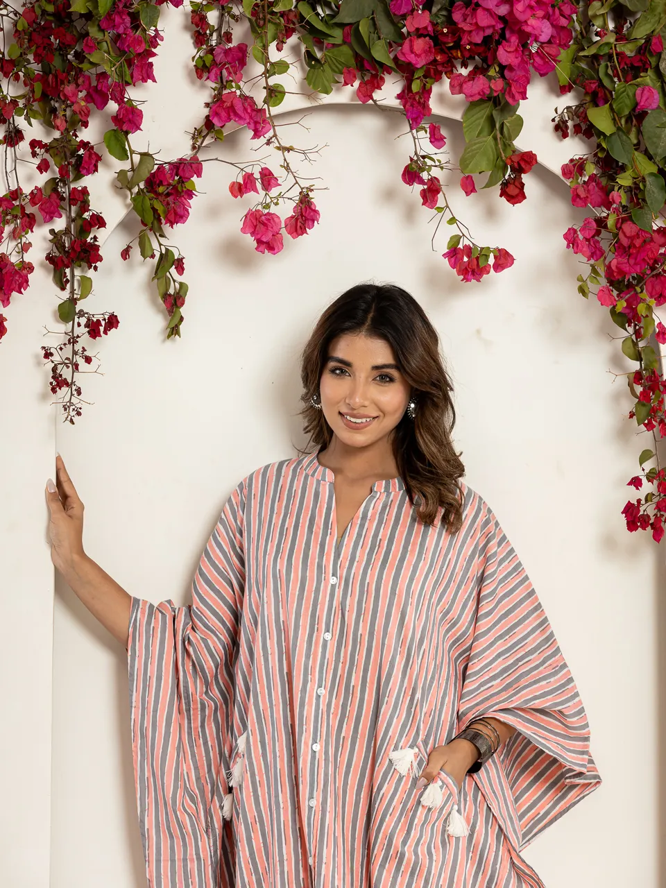 Multi grey smoke strap Pure Cotton kaftan shirt dress