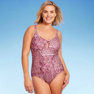 New - Kona Sol Women's Keyhole One Piece Swimsuit Medium Coverage Swimwear, Pink L