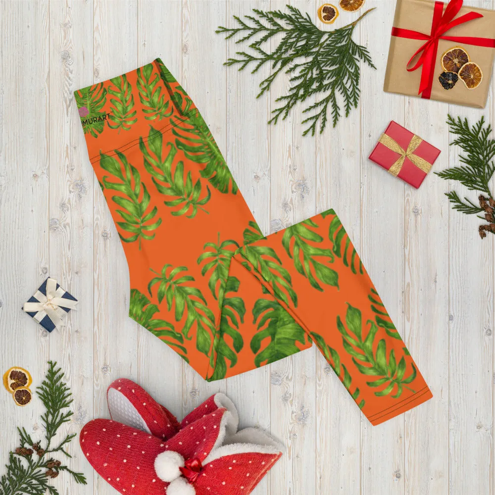 Orange Tropical Leaf Yoga Leggings, Hawaiian Style Leaves Women's Long Yoga Pants-Made in USA/EU