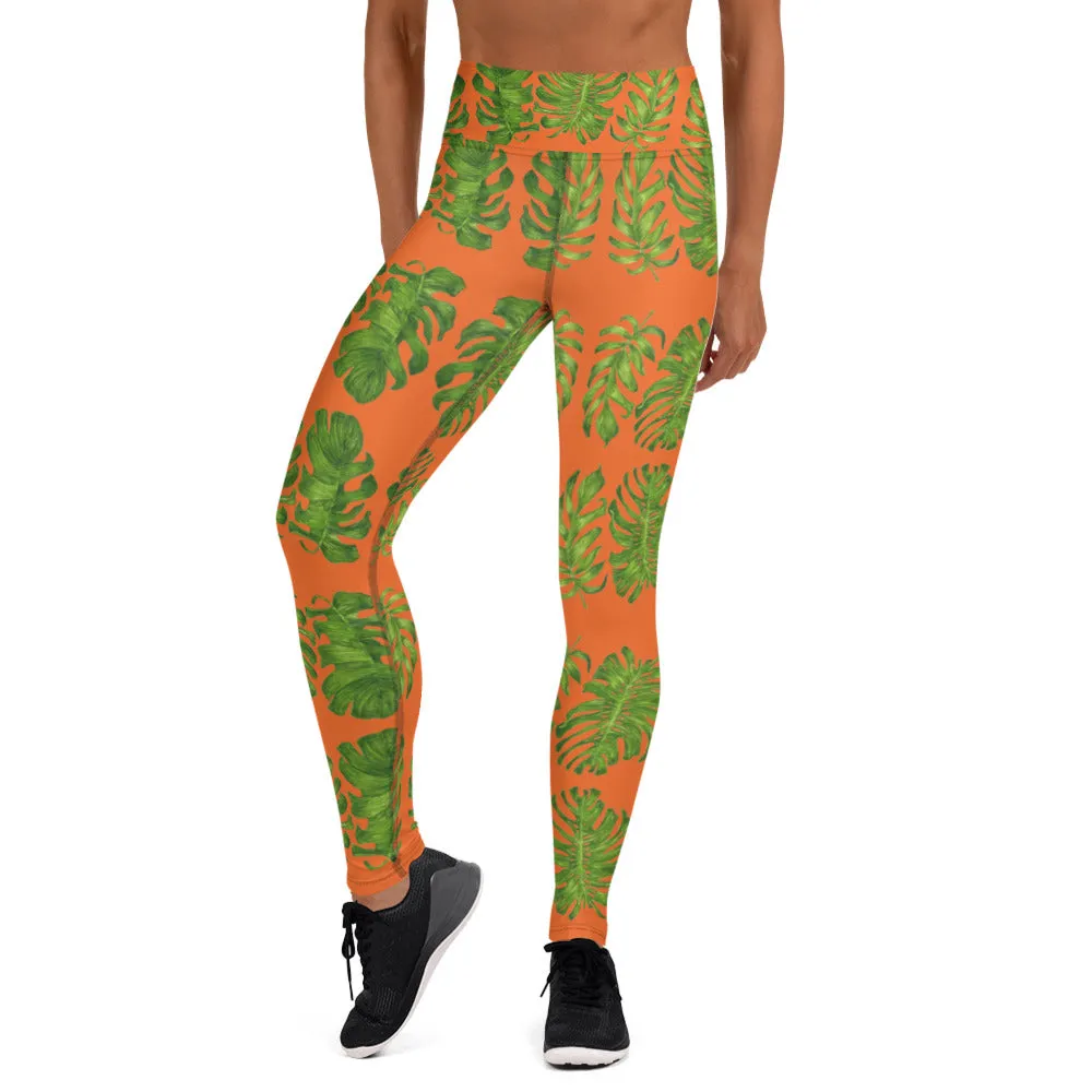 Orange Tropical Leaf Yoga Leggings, Hawaiian Style Leaves Women's Long Yoga Pants-Made in USA/EU