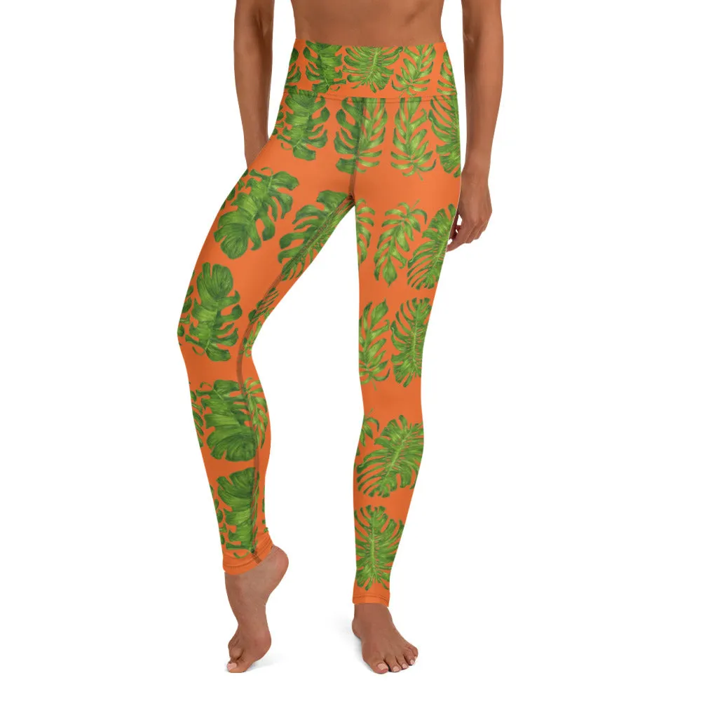 Orange Tropical Leaf Yoga Leggings, Hawaiian Style Leaves Women's Long Yoga Pants-Made in USA/EU