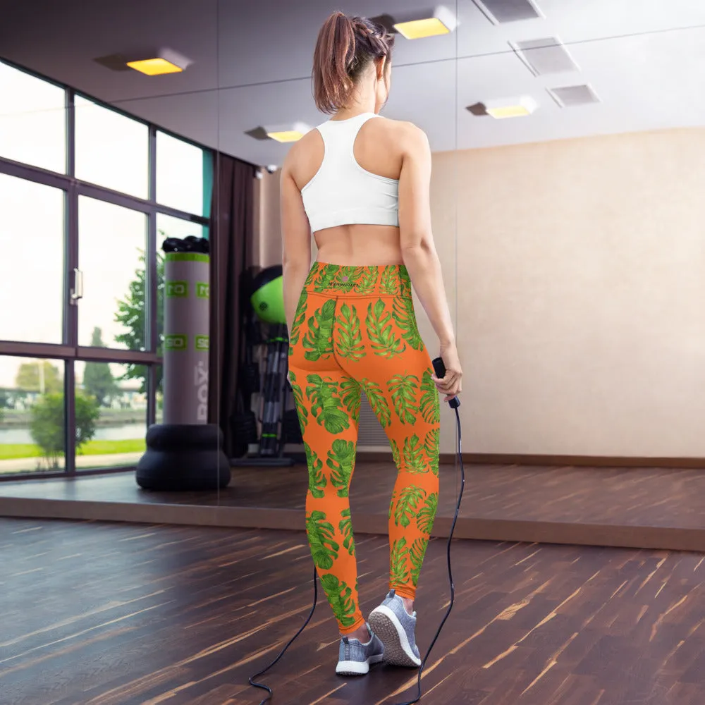 Orange Tropical Leaf Yoga Leggings, Hawaiian Style Leaves Women's Long Yoga Pants-Made in USA/EU
