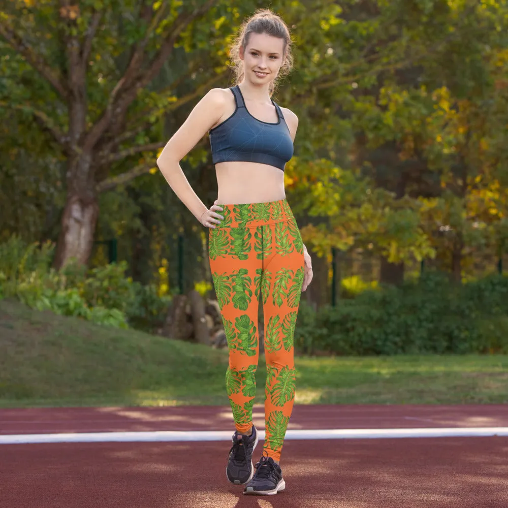 Orange Tropical Leaf Yoga Leggings, Hawaiian Style Leaves Women's Long Yoga Pants-Made in USA/EU