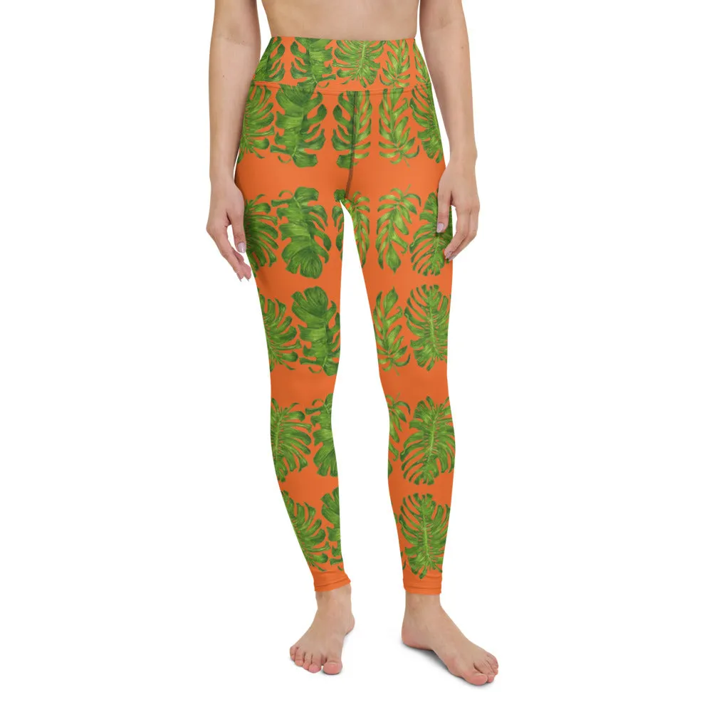Orange Tropical Leaf Yoga Leggings, Hawaiian Style Leaves Women's Long Yoga Pants-Made in USA/EU