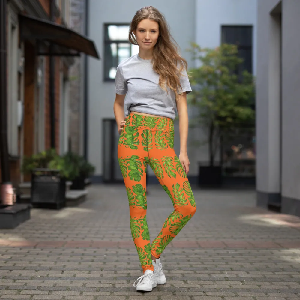 Orange Tropical Leaf Yoga Leggings, Hawaiian Style Leaves Women's Long Yoga Pants-Made in USA/EU
