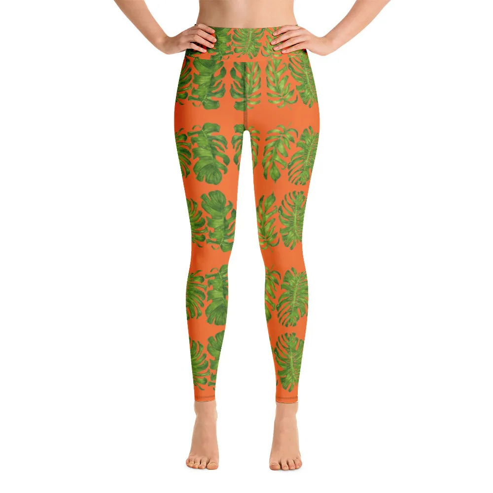 Orange Tropical Leaf Yoga Leggings, Hawaiian Style Leaves Women's Long Yoga Pants-Made in USA/EU