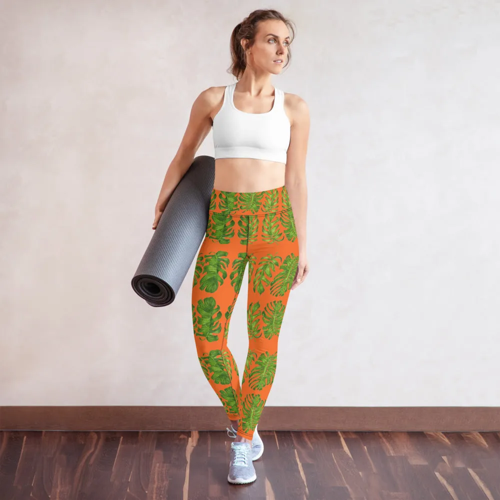 Orange Tropical Leaf Yoga Leggings, Hawaiian Style Leaves Women's Long Yoga Pants-Made in USA/EU