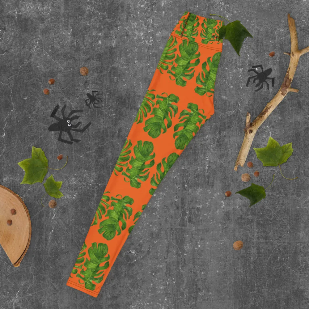 Orange Tropical Leaf Yoga Leggings, Hawaiian Style Leaves Women's Long Yoga Pants-Made in USA/EU