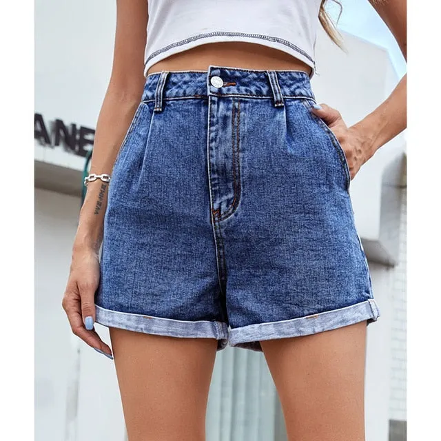Solid High Waisted Straight Jean Short Casual Rolled Hem Denim Shorts