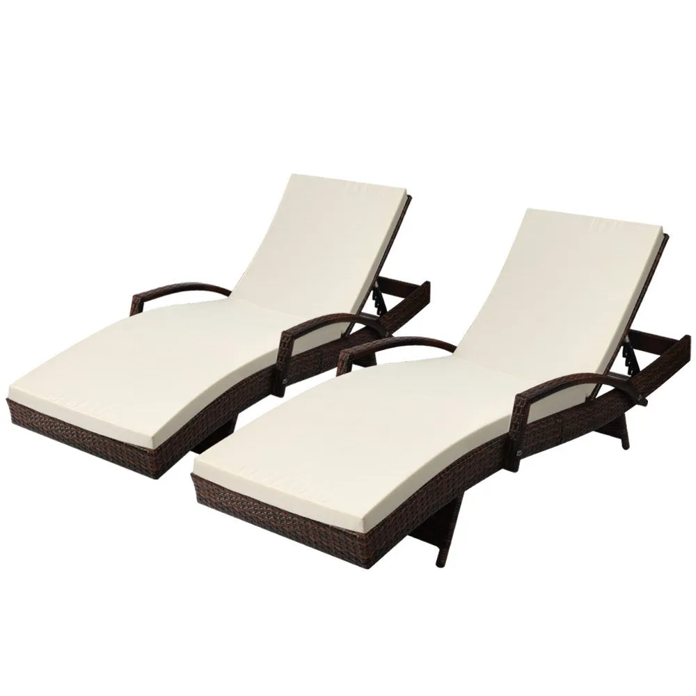 Two Sun Lounge Outdoor Furniture Day Bed Set - Rattan Wicker Lounger Patio Brown