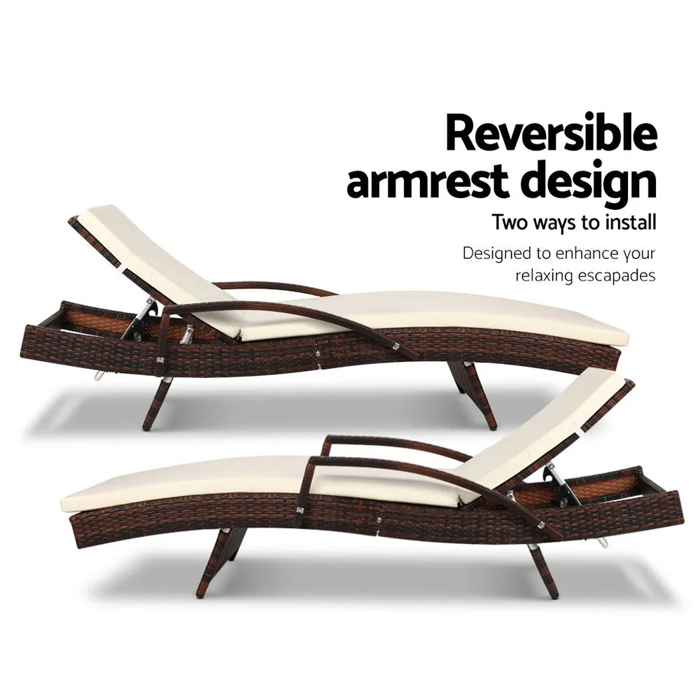 Two Sun Lounge Outdoor Furniture Day Bed Set - Rattan Wicker Lounger Patio Brown