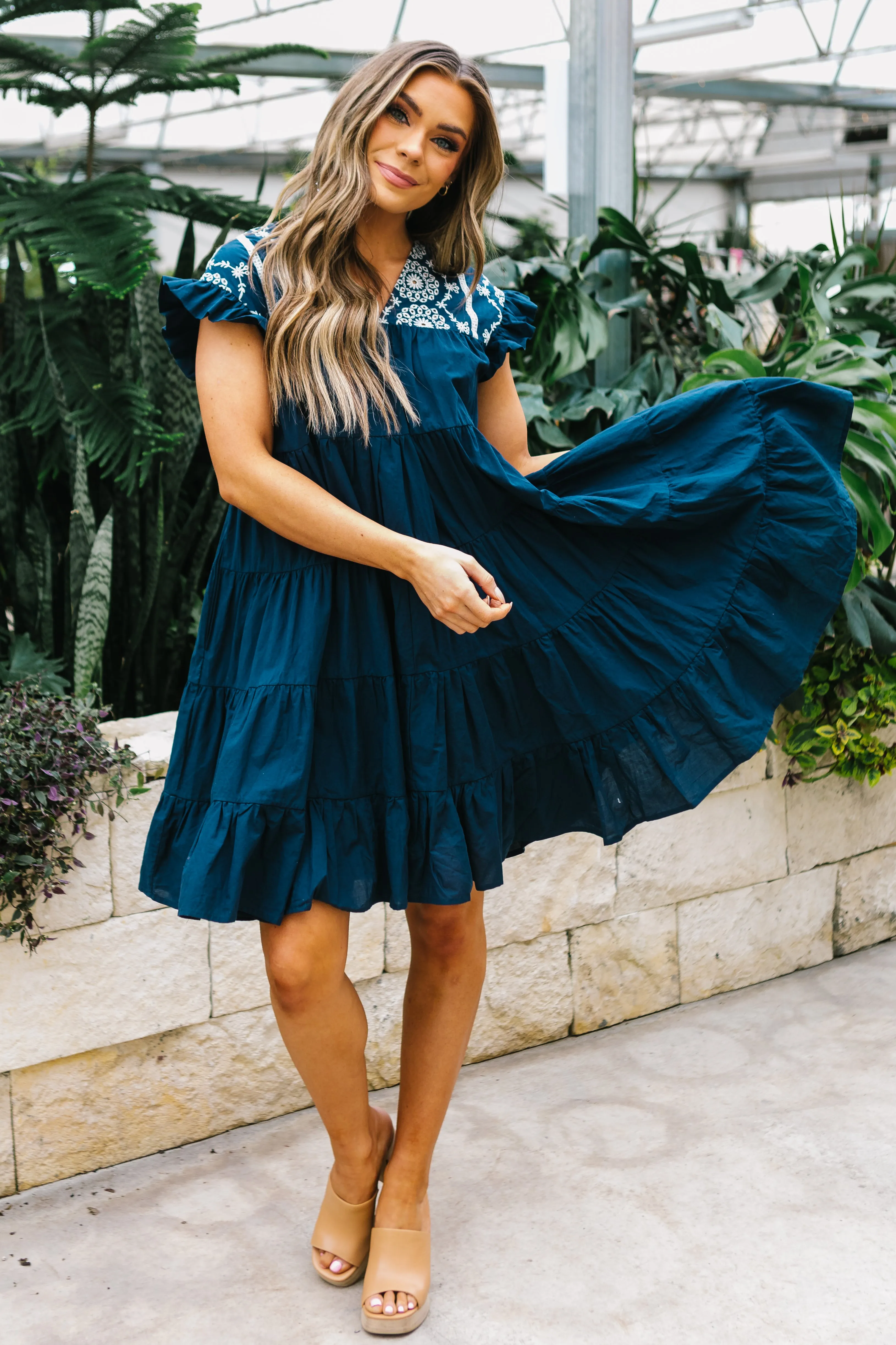 Why Wait Embroidered Dress // Navy