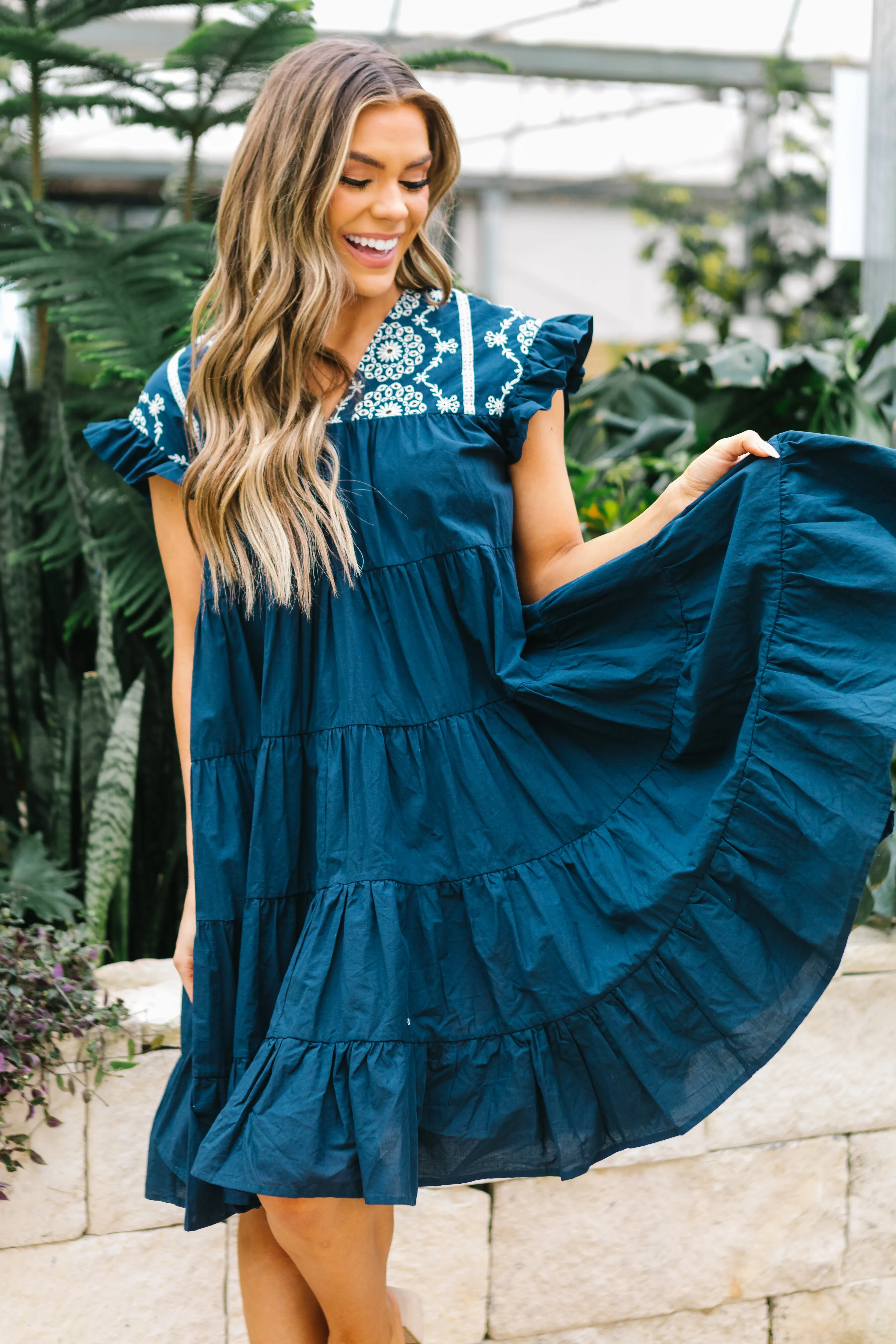 Why Wait Embroidered Dress // Navy