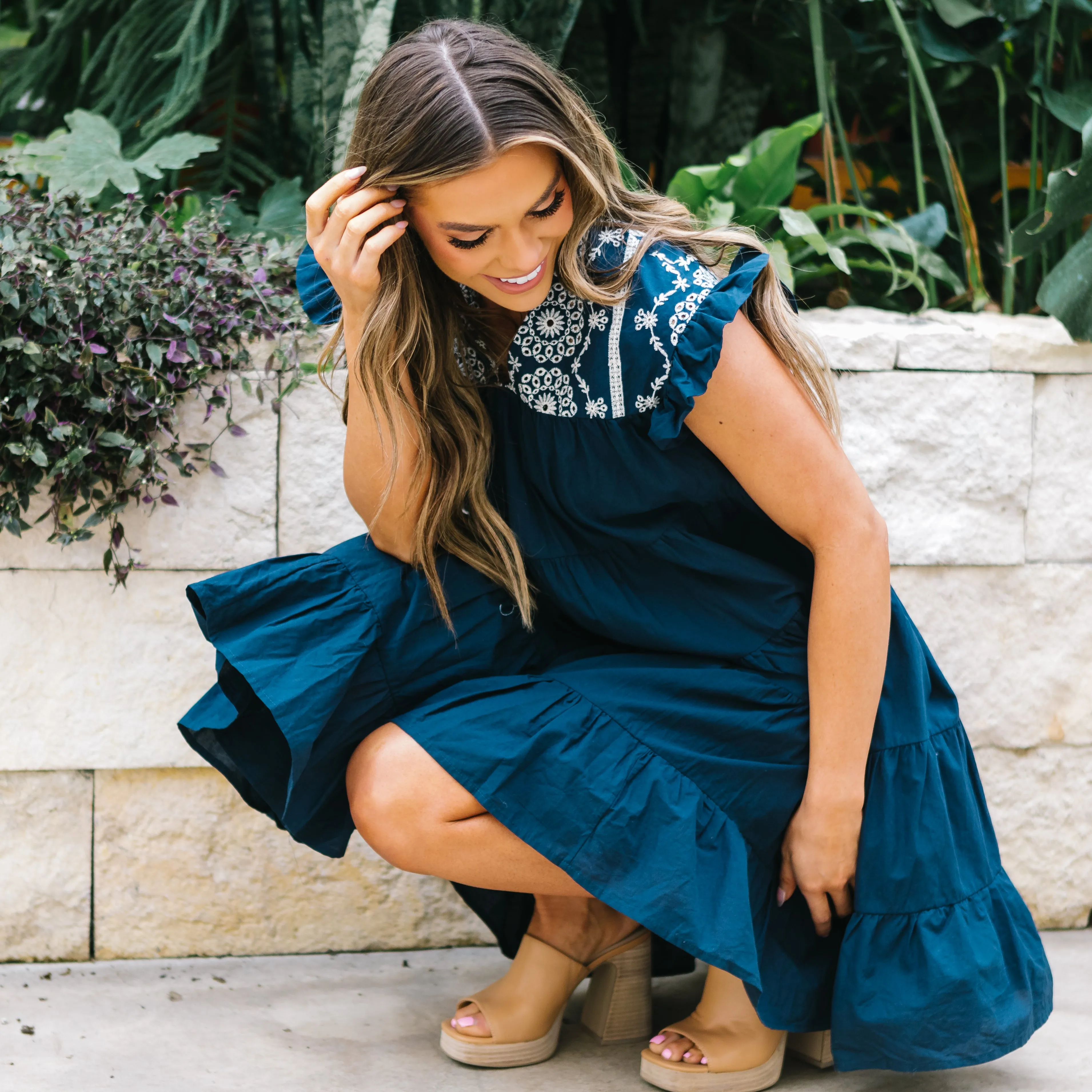 Why Wait Embroidered Dress // Navy
