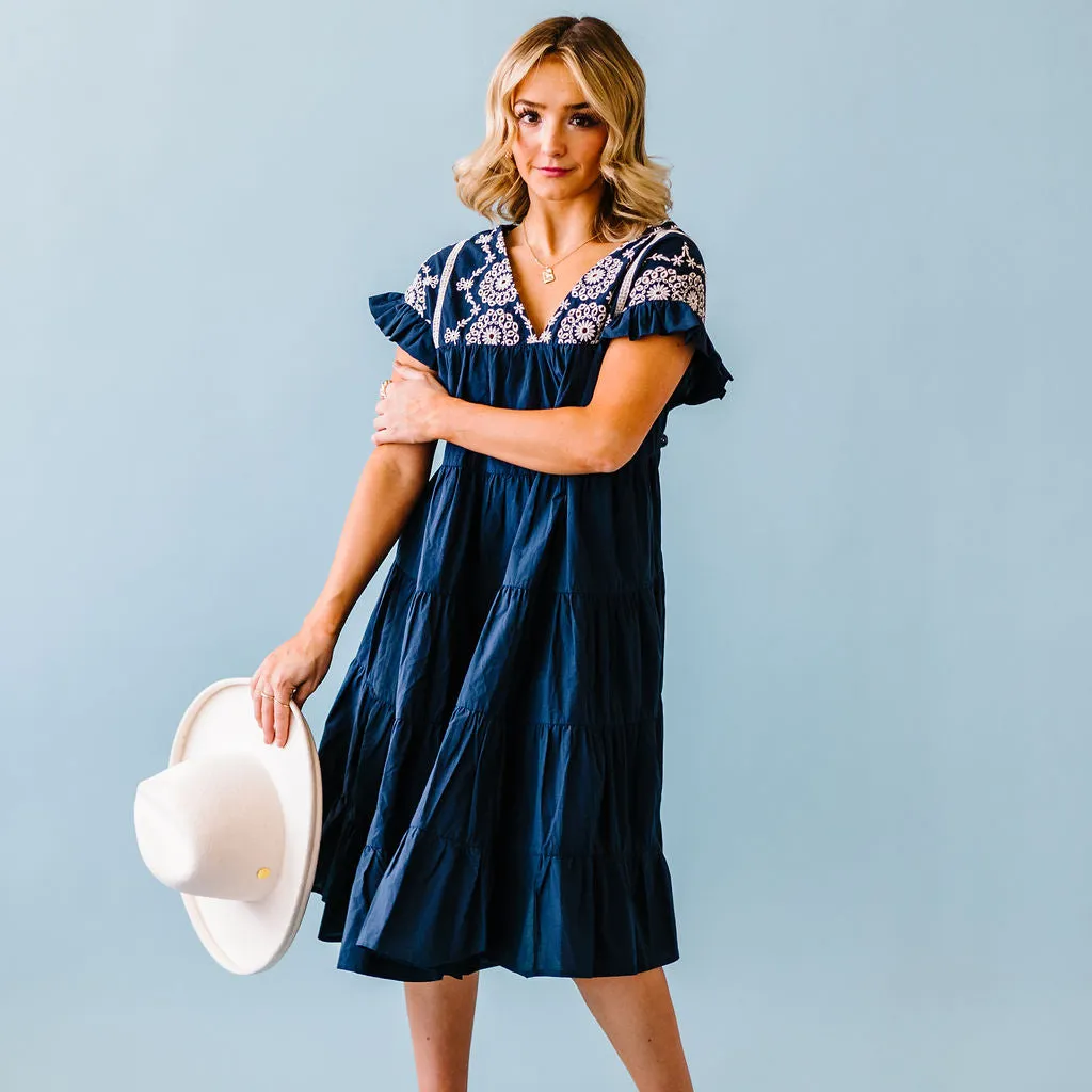 Why Wait Embroidered Dress // Navy