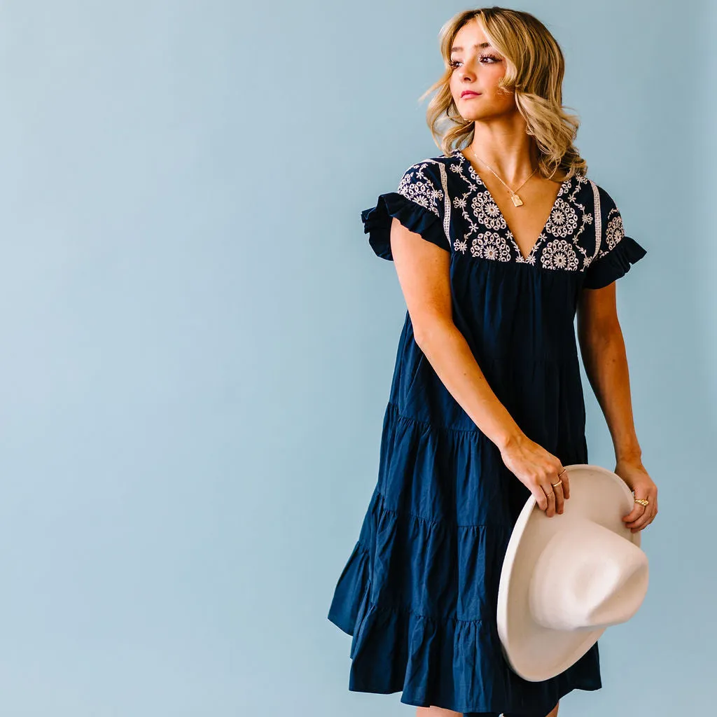 Why Wait Embroidered Dress // Navy