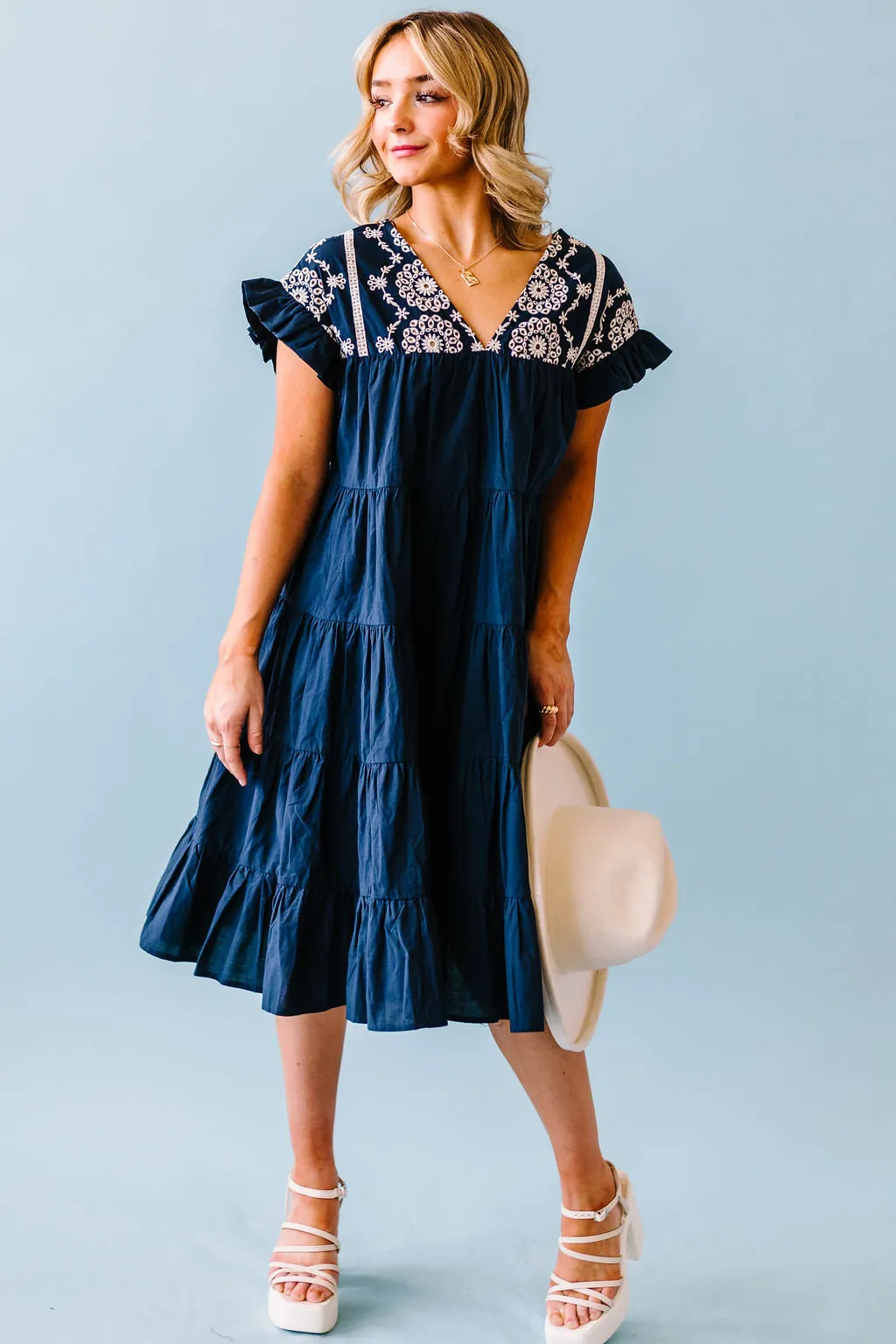 Why Wait Embroidered Dress // Navy