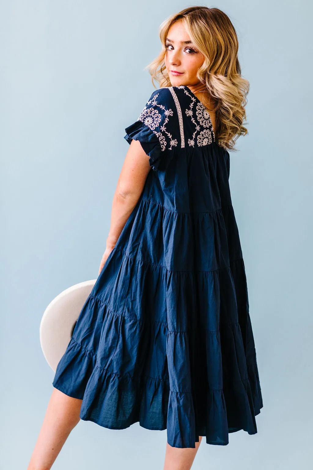 Why Wait Embroidered Dress // Navy