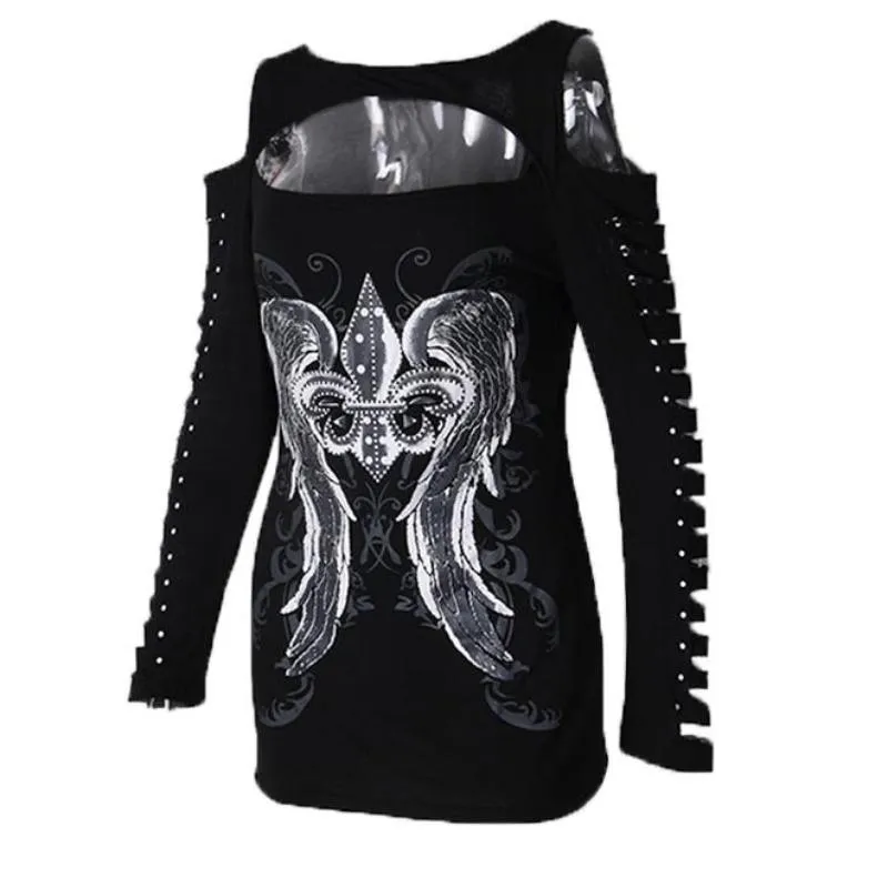 Wings Printed Punk Hollow Out Long Sleeve