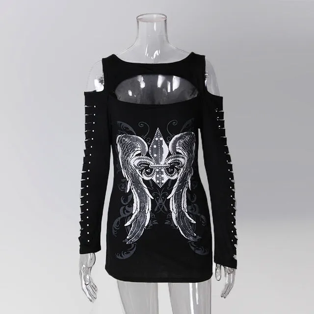Wings Printed Punk Hollow Out Long Sleeve