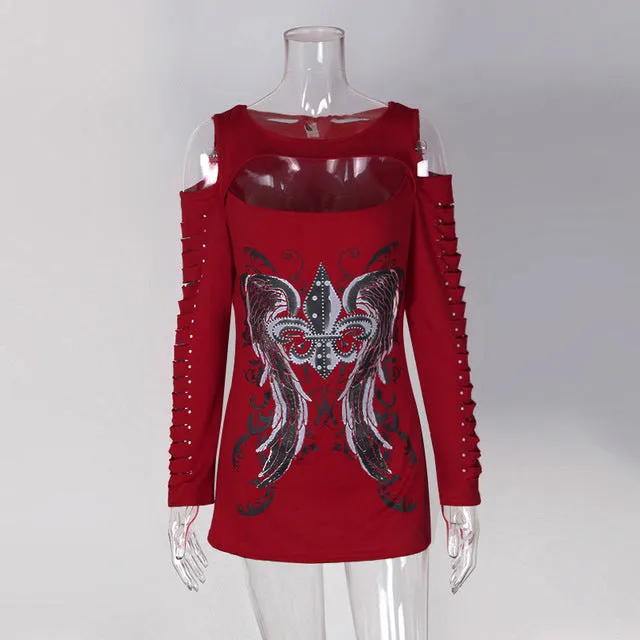 Wings Printed Punk Hollow Out Long Sleeve